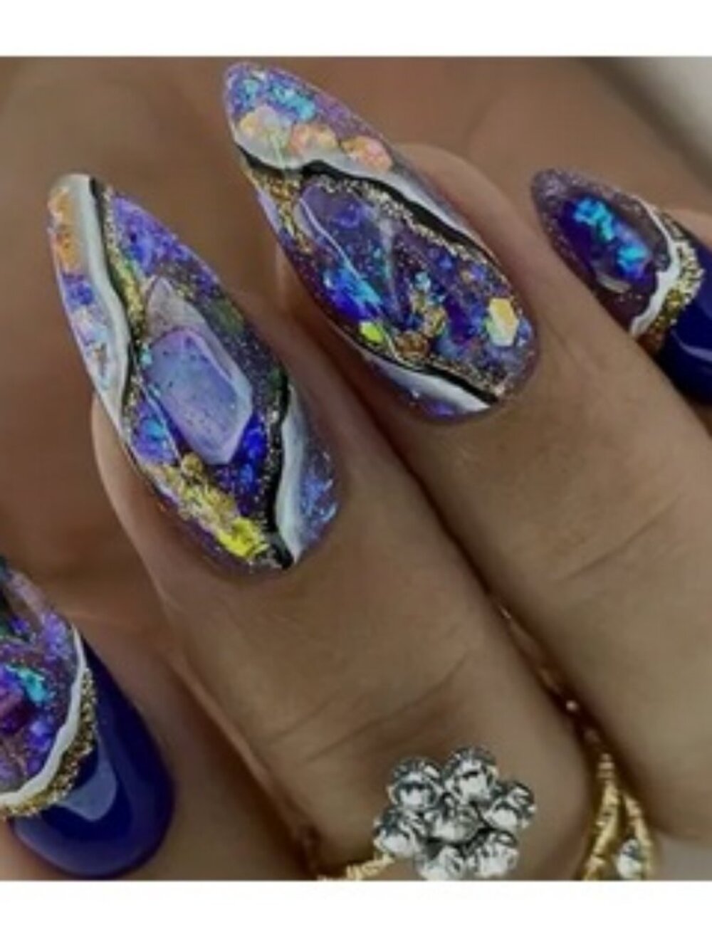 NWT Press On Nails Blue Purple & Gold 24 Fake Finger Nail Almond Fingernails